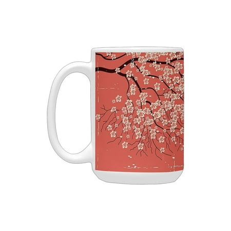 

Spring Cherry Blossom Sakura Tree Branches on Moon Japanese Style Soft Illustration Peach Dark Coral Ceramic Mug (15 OZ) (Made In USA)