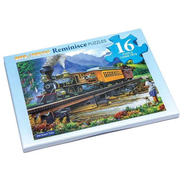 Bits and Pieces - 16 Piece Jigsaw Puzzle for Seniors - 10" x 13" (25.4 cm x 33 cm) - Old Steam Train - 16 pc Extra Large Lettered Pieces Colorful Memory Aid Dementia Jigsaw by Oleg Gavrilov