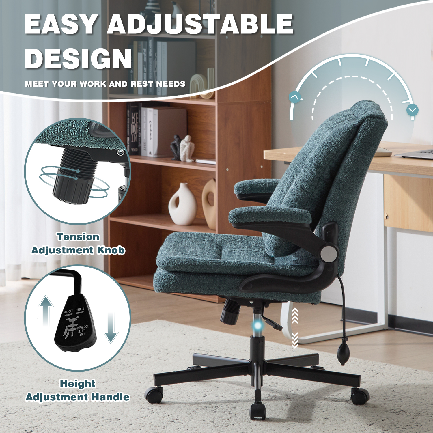 Wide Criss Cross Chair with Flip Up Back Cushion and Arms, Ergonomic Cross Legged Office Chair with Dynamic Lumbar Support, Upholstered Swivel Rolling Vanity Chair for Customized Comfort