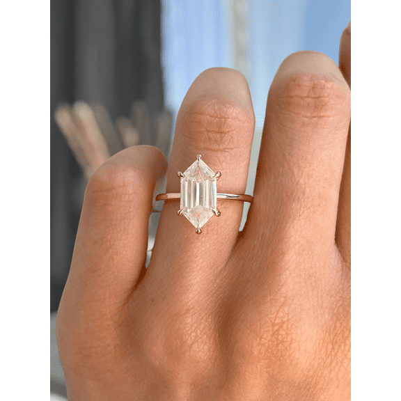 3.00Ct Elongated Hexagon Cut Moissanite Solitaire Engagement Ring, Hidden Halo, 14K Rose Gold