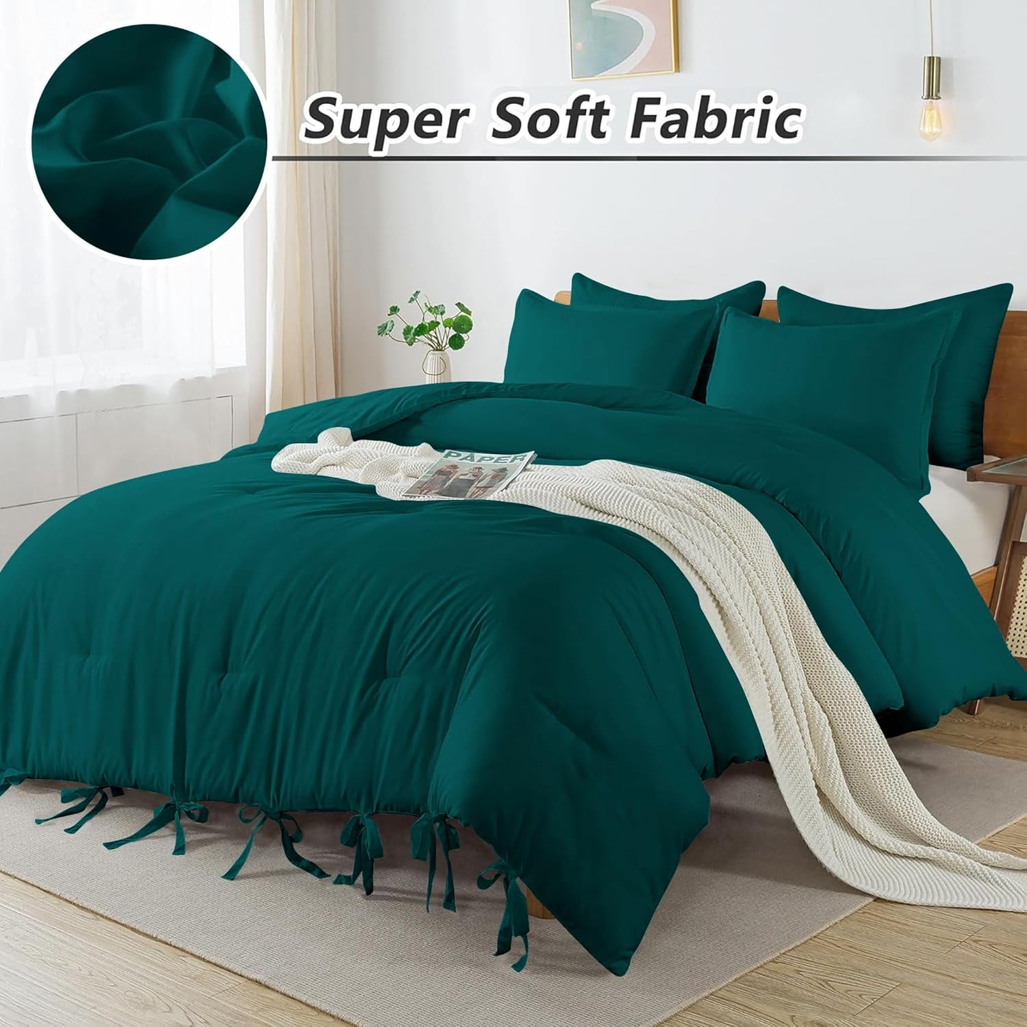 3 Piece Luxury Bottom Tie Pattern Comforter Set, 800 TC, 100% Egyptian Cotton, Oversized Super King Size Teal Solid