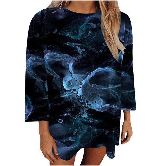 Camiseta holgada estampada a la moda para mujer, blusa de manga 3/4 de longitud media, Tops informales con cuello redondo Pompotops FGAJ3703
