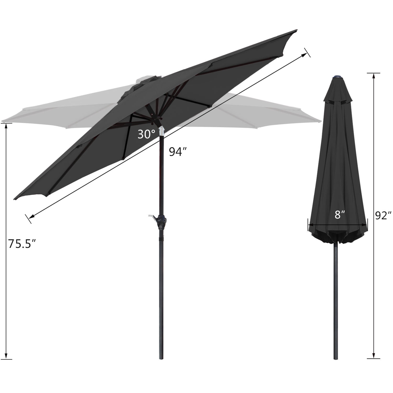 Lacoo 9' Black Patio Umbrella Outdoor Market Table Umbrella with Push Button Tilt, 8 Sturdy Ribs