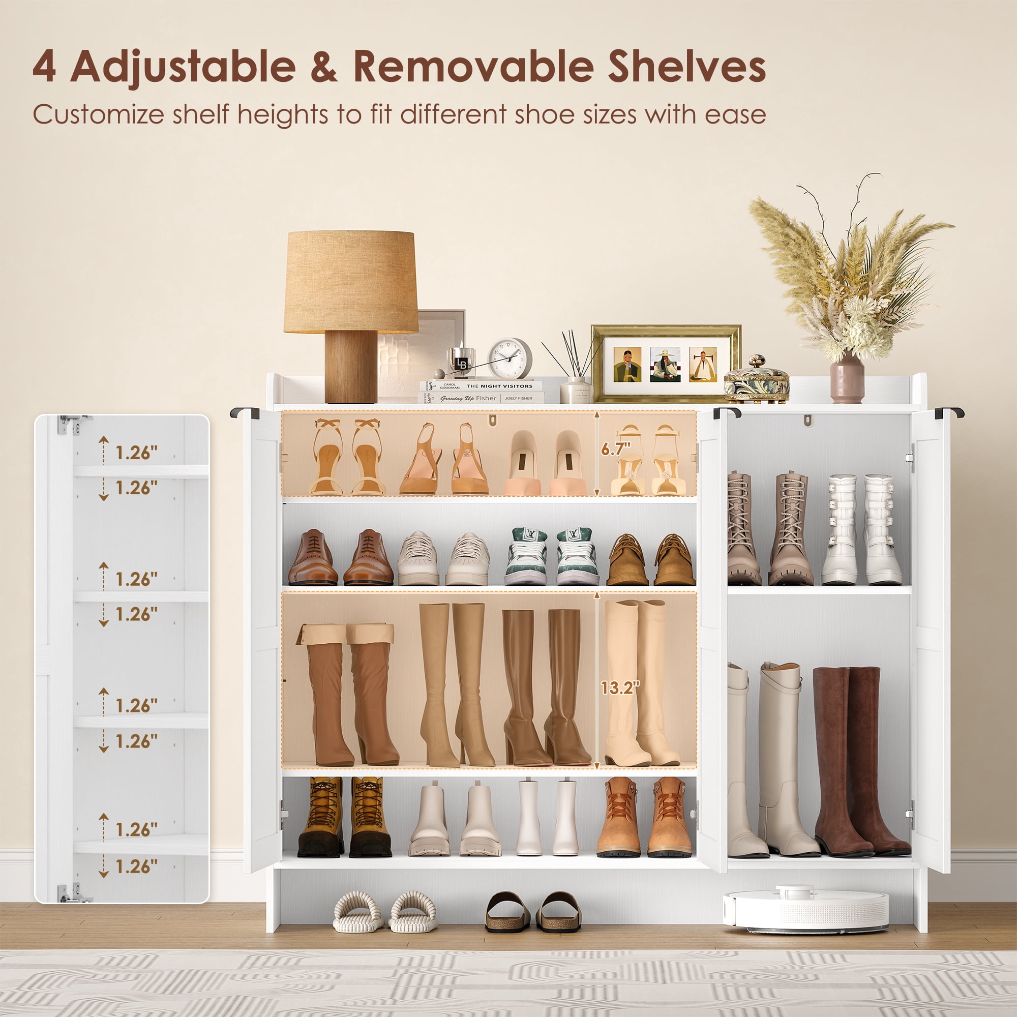 Hiphuta 48" Wide 6-Tier Shoe Cabinet with 4 Adjustable Shelves, Holds Up to 35 Pairs, Farmhouse Wood Grain Shoe Rack Organizer with 3 Doors and Table Top, White