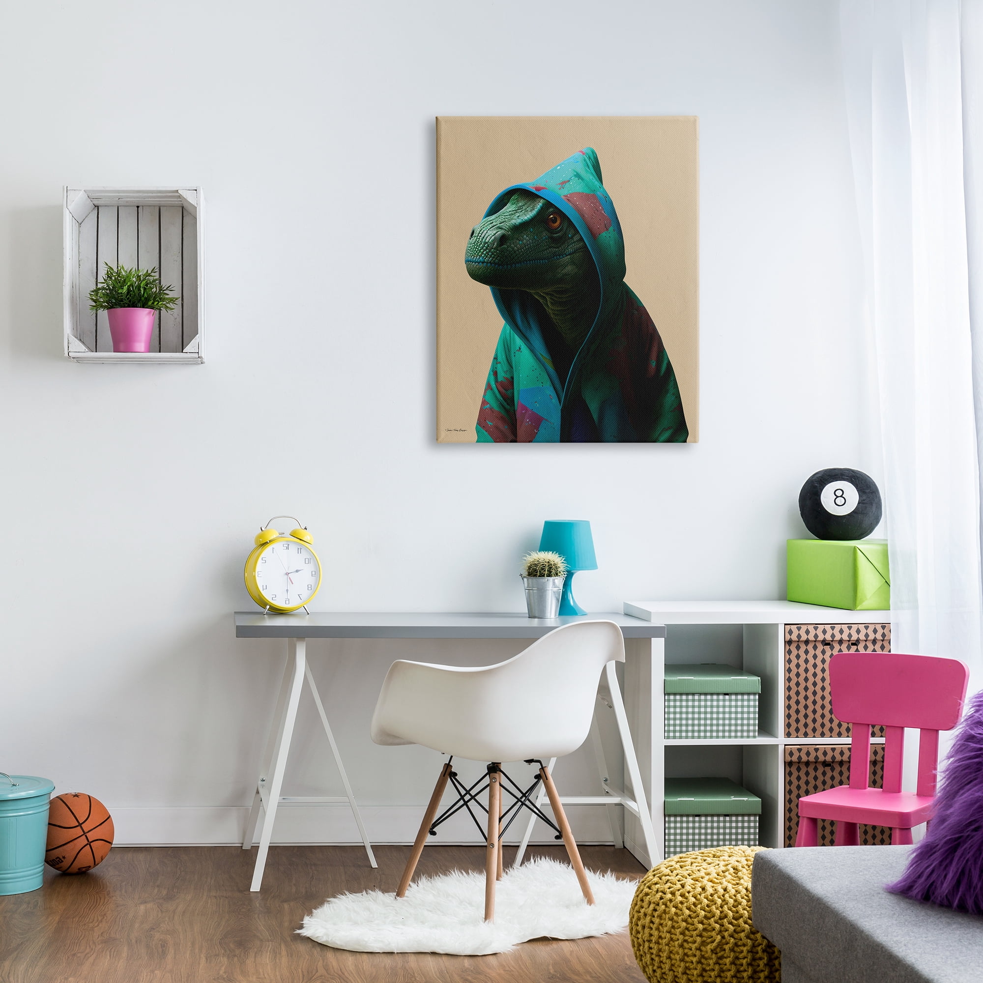 Stupell Industries Dinosaur in Stylish Hoodie Animals & Insects Painting Gallery Wrapped Canvas Art Print Wall Art, 30 x 40