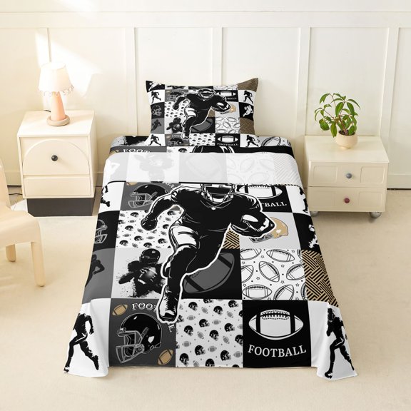 Feelyou Patchwork Football Twin Sheets for Boys, Gold Grid Sport Bedding, 3pcs, 1 Flat Sheet, 1 Fitted Sheet and 1 Pillowcase
