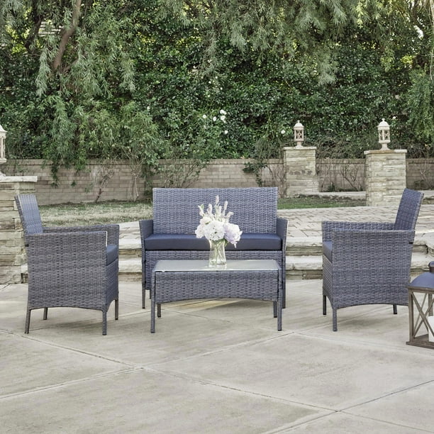 Belleze 4 Pc Furniture Outdoor Set Piece Rattan Patio One Glass Table Sofa Two Chairs Grey Com Belleze 4 Pc Furniture Outdoor Set, 2×4 Outdoor Furniture Plans Free