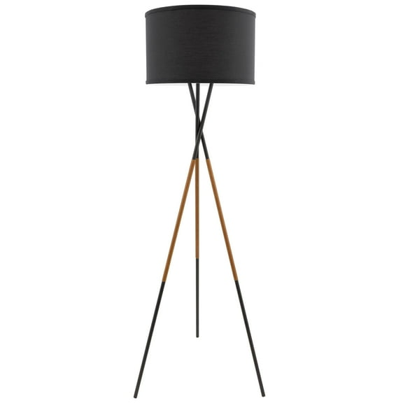 Kira Home Sadie 61" Mid Century Tripod LED Floor Lamp 9W bulb (/), Leather Accent Legs, Black Drum Shade, Black