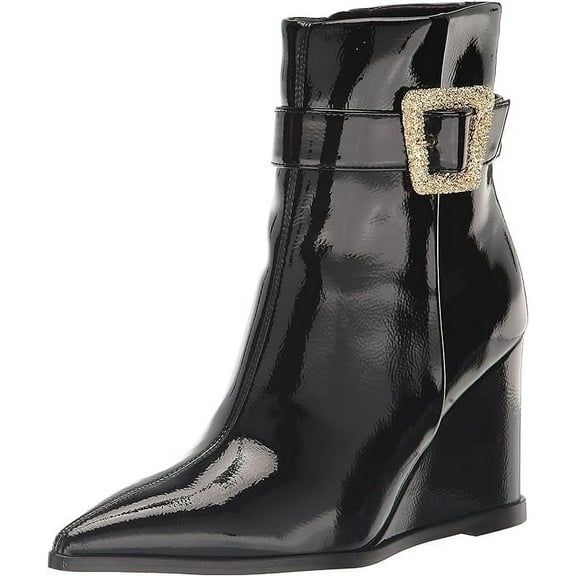 Sam Edelman Weslie Black Patent Wedge Heeled Almond Toe Buckle Detailed Booties (Black Patent, 5)