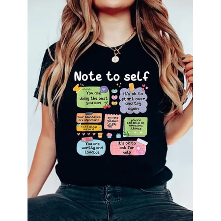 100% Cotton Note To Self Positive Energy Encouragement Mental Health Tee T-Shirt Women's Men's Graphic Tee Casual Tops