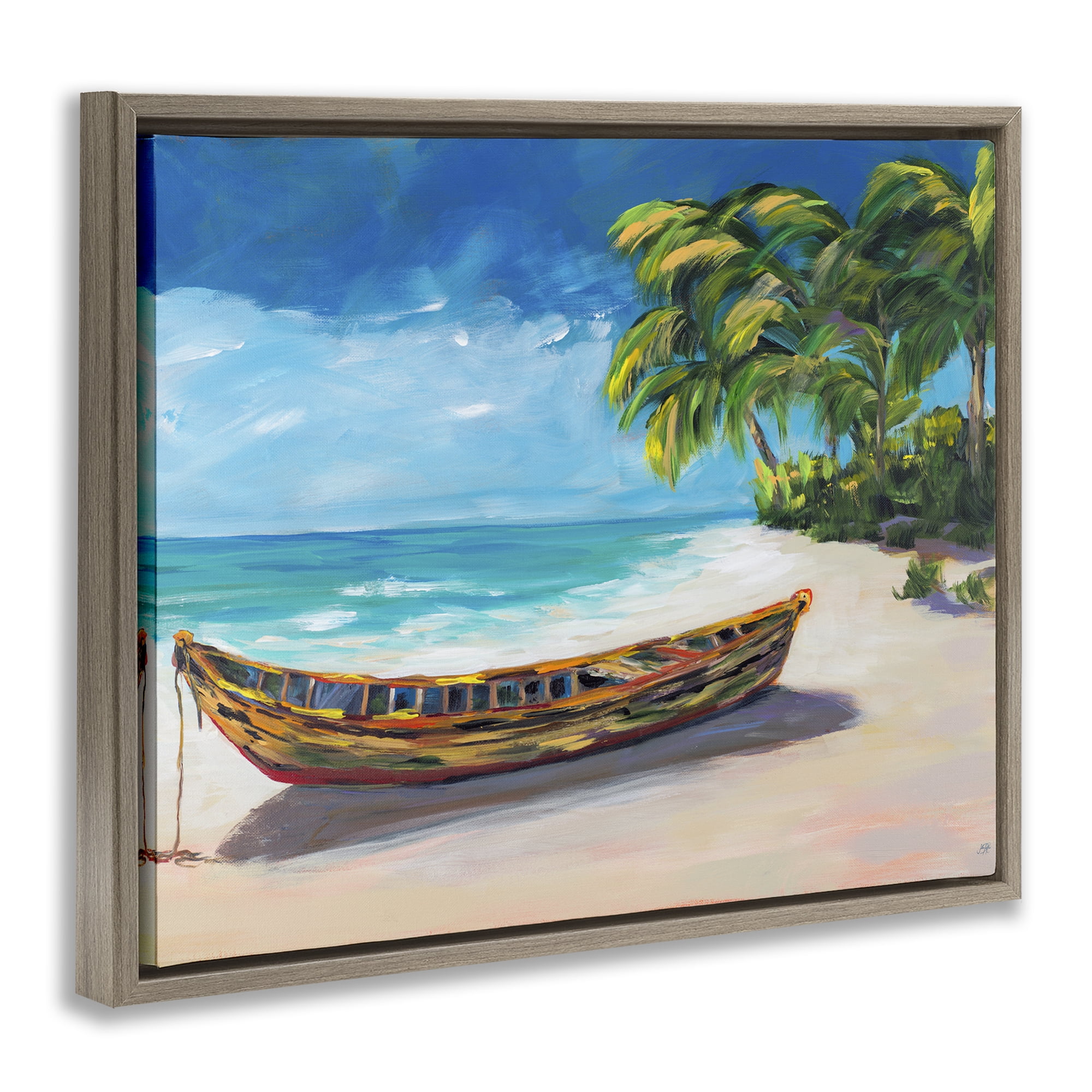 Stupell Industries Boat on Lost Island Brown Framed Floater Canvas Wall Art, design by Julie DeRice