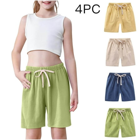 AHTJRT 4 Pack Workout Linen Shorts for Kids Spring Lightweight Breathable Gym Running Linen Shorts Elastic Waist Drawstrings Capri Pants Yellow#10 2-3 Years
