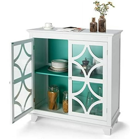 

Buffet Cabinet Kitchen Sideboard with Doors & Decorative Patterns Versatile Floor Cabinet Cupboard with Adjustable (White & Green)