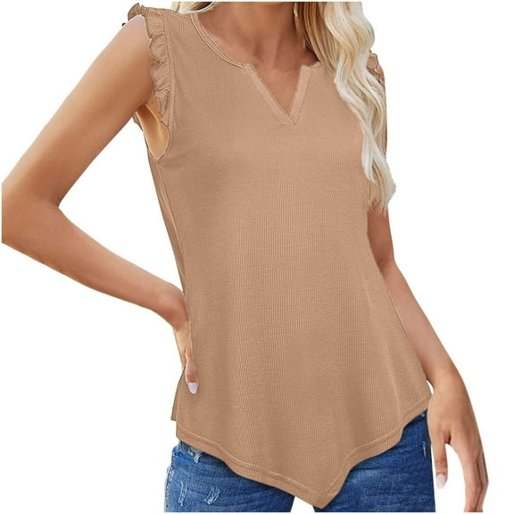 Babysbule Womens Summer Tops Clearance Women's Summer Sleeveless Ruffle Sleeveless V-Neck Solid Color Top Blouse