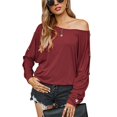 thumbnail image 1 of Camiseta de manga larga de color puro para mujer, blusa holgada informal con estilo y cuello redondo, blusa decorativa con botones para el trabajo diario, Borgoña M, 1 of 6
