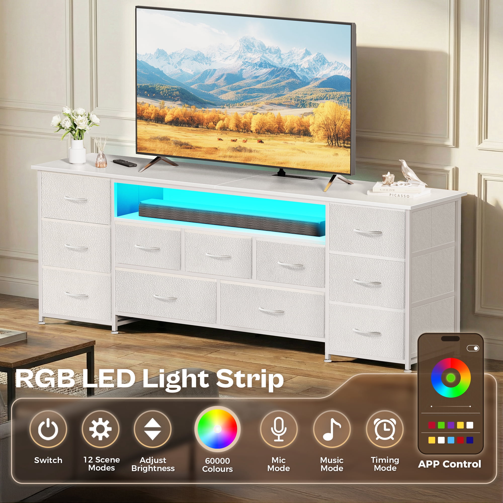 Amadwell Large TV Stand for 65, 70 Inch TVs, 11 Drawer Long Dresser with Power Outlets & LED Lights, 63 inch Entertainment Center
