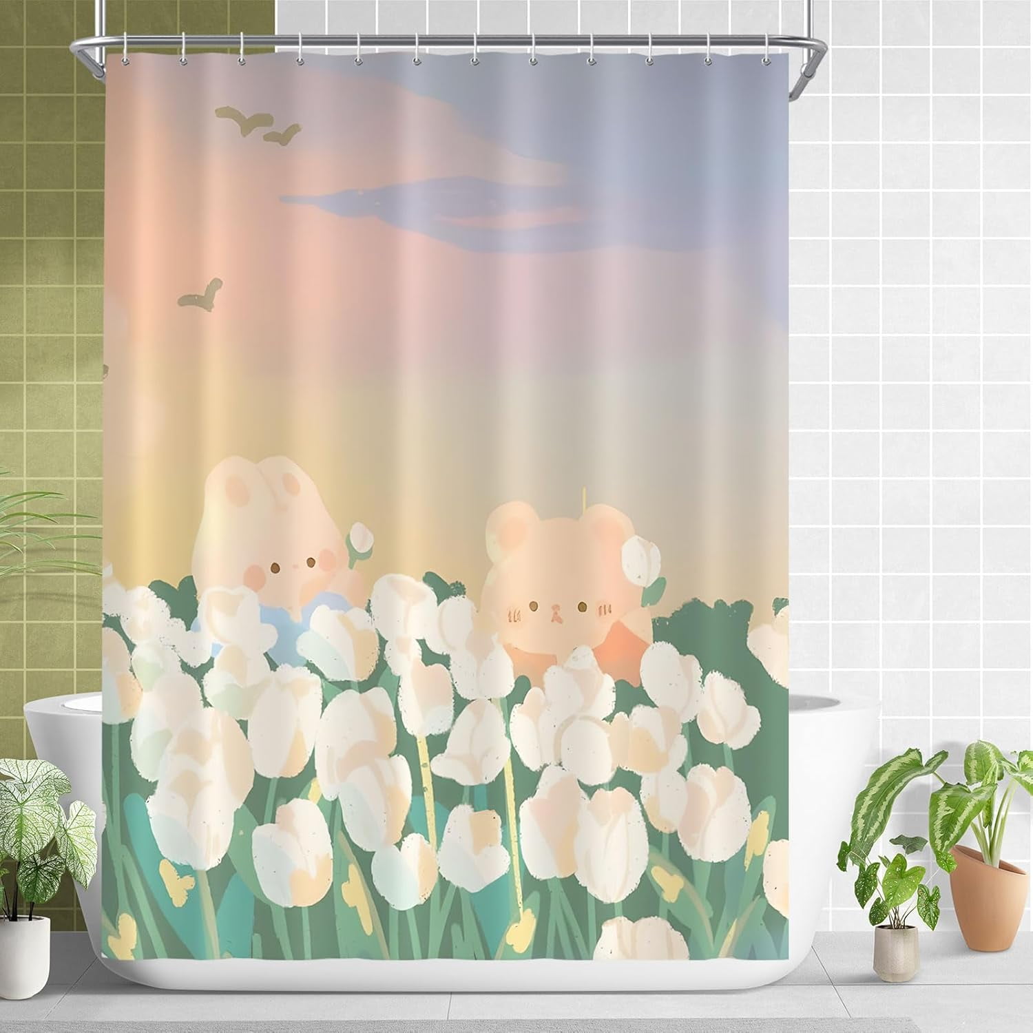 4 Pieces Cartoon Bear Shower Curtain Set Kawaii Bathroom Accessories, Toilet Lid and Non-Slip Rugs,Cute Waterproof Shower Curtain Bathroom Accessories Sets Home Decor,12 Hooks,72 x 72 Inches