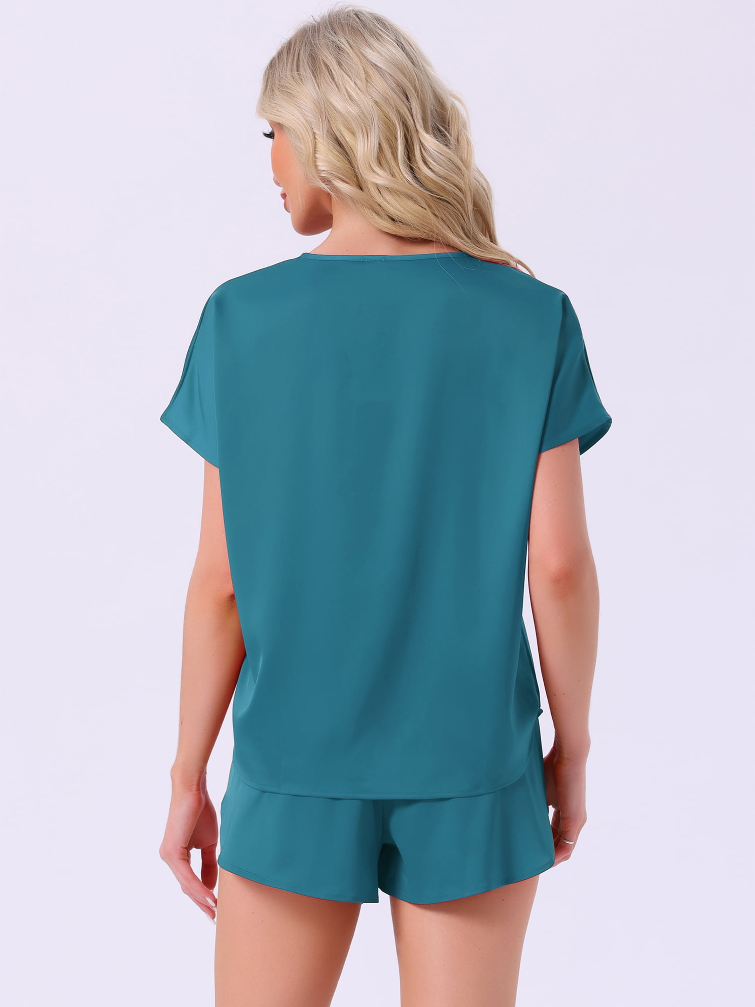 DARING DIVA Satin Pajama Short Sleeve Crew Neck Top Set L Peacock Green