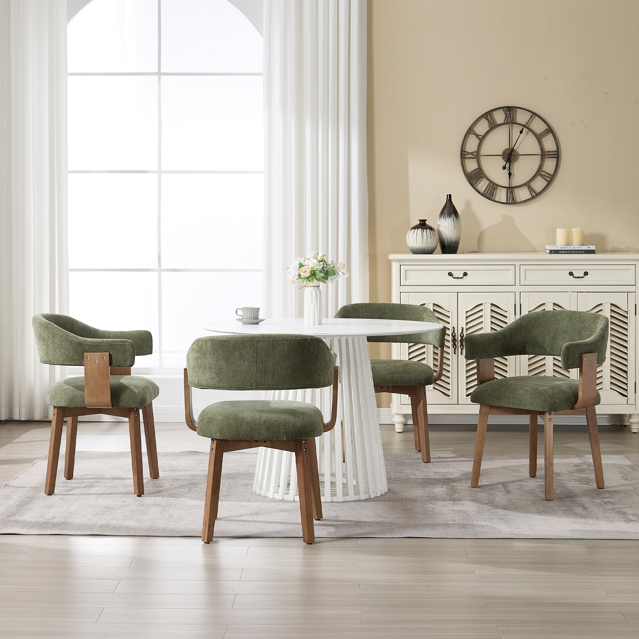 Guyou Modern Dining Chair Set of 4, Chenille Upholstered Dining Room Armchair with Curved Backrest, Mid-Century Wooden Kitchen Side Chairs for Dining Room Living Room, Green