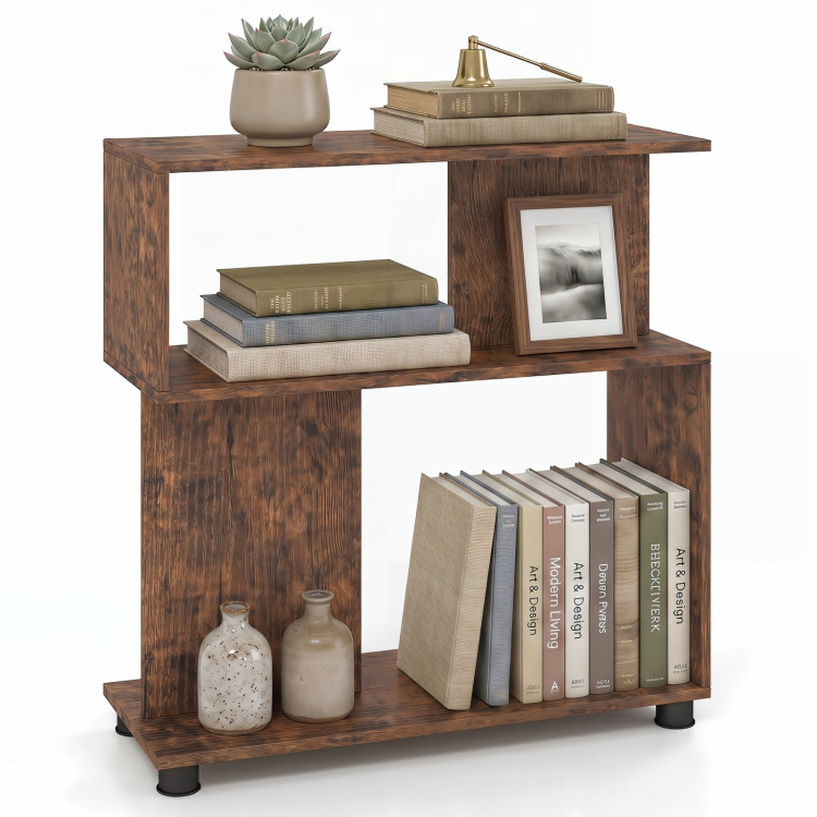 Furnibear 3-Tier Modern S-Shaped Bookshelf with Reversible Design Adjustable Feet and Anti-Tipping Kits for Living Room and Study, Rustic, Brown