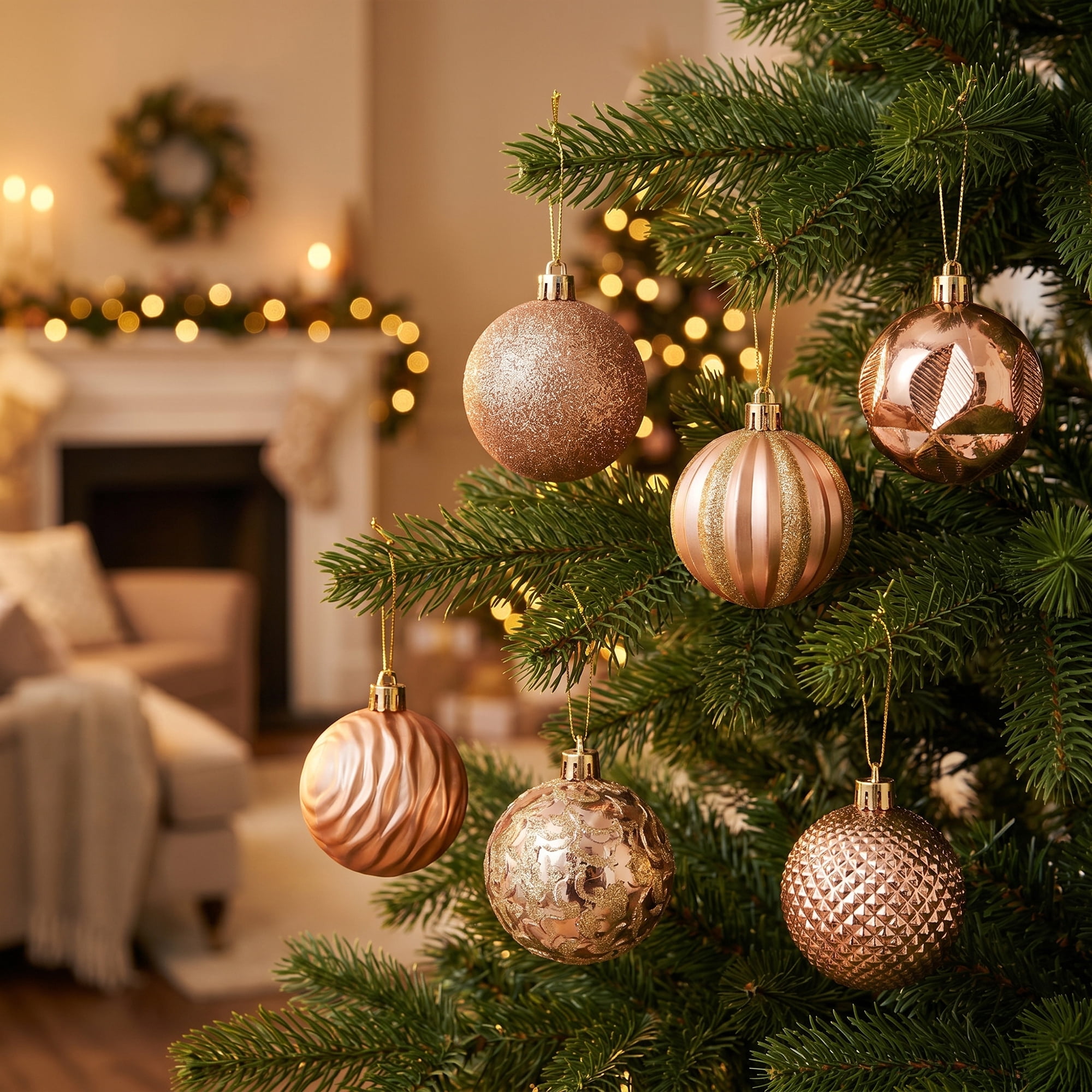 Unique Bargains 6Pcs Painted Electroplated Balls Shatterproof Ornaments Rose Gold 2.4"