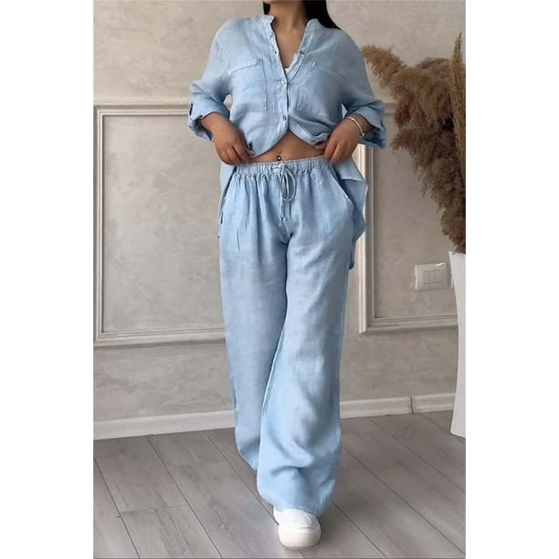 Traje de manga larga para mujer, pantalones de pierna ancha, camisa con bolsillo, sólido, 2 piezas, moda informal, prendas de vestir sencillas para oficina, primavera y verano, 2024