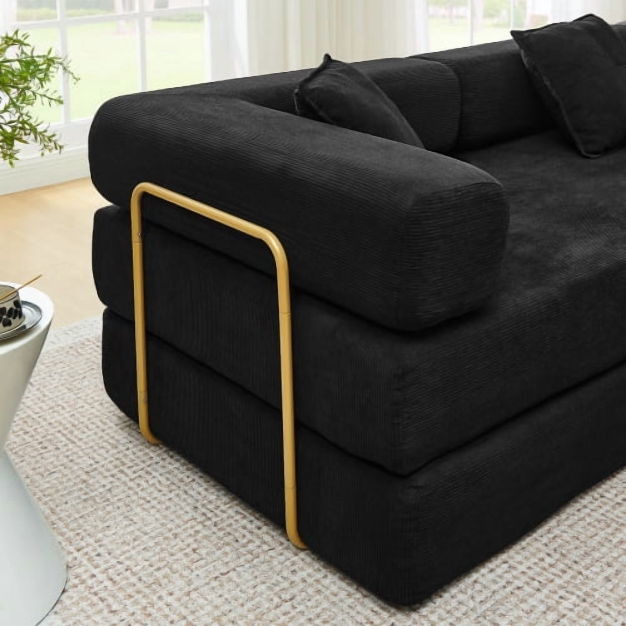 108" Modular Sectional Sofa with L-Shape Chaise, Convertible Sleeper Sofa Bed, Corduroy Cloud Couch with Deep Seat, No Assembly Required, Removable Backrest, Black