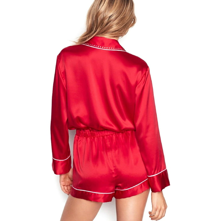 Victoria's Secrets Bling Rhinestone Satin Pajama Sleep Romper Red Large New  