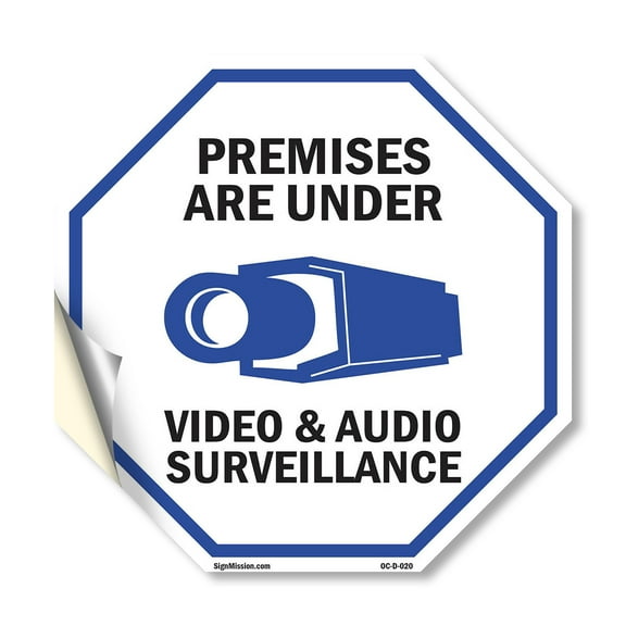 Premises Are Under Video & Audio Surveillance 10 inch X 10 inch Octagon Vinyl Label Decal Sticker Weather Resistant, UV Protected for Workplace, Made in the USA