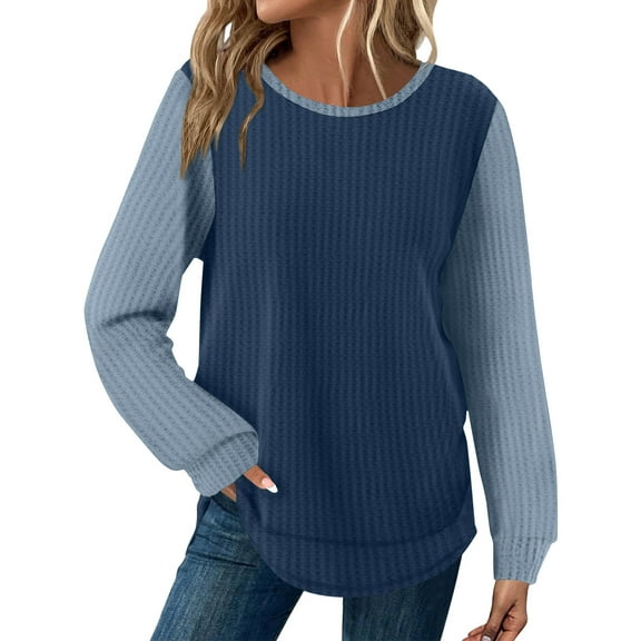 Kixjoy Tunic Tops for Women Long Sleeve Plus Size Waffle Knit Fashion Tunic Top Plaid Cozy Loose Fit Shirt Casual Fall Blouses for Women, Blue XXL