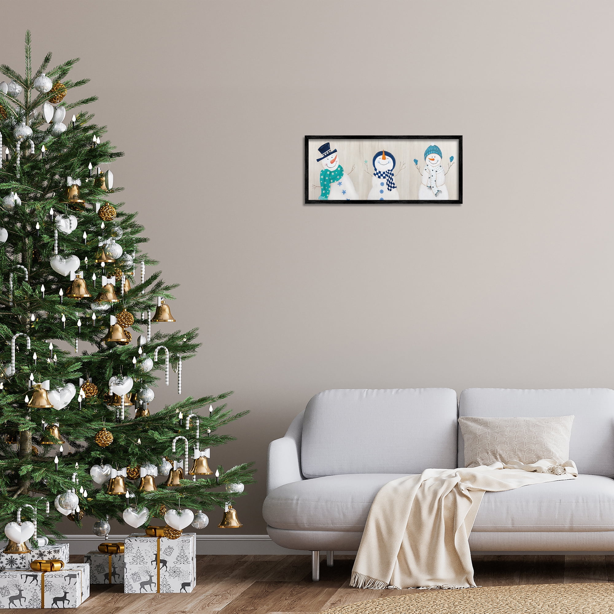 Stupell Industries Happy Snowman Trio Holiday Painting Black Framed Art Prints Wall Art, 24 x 10
