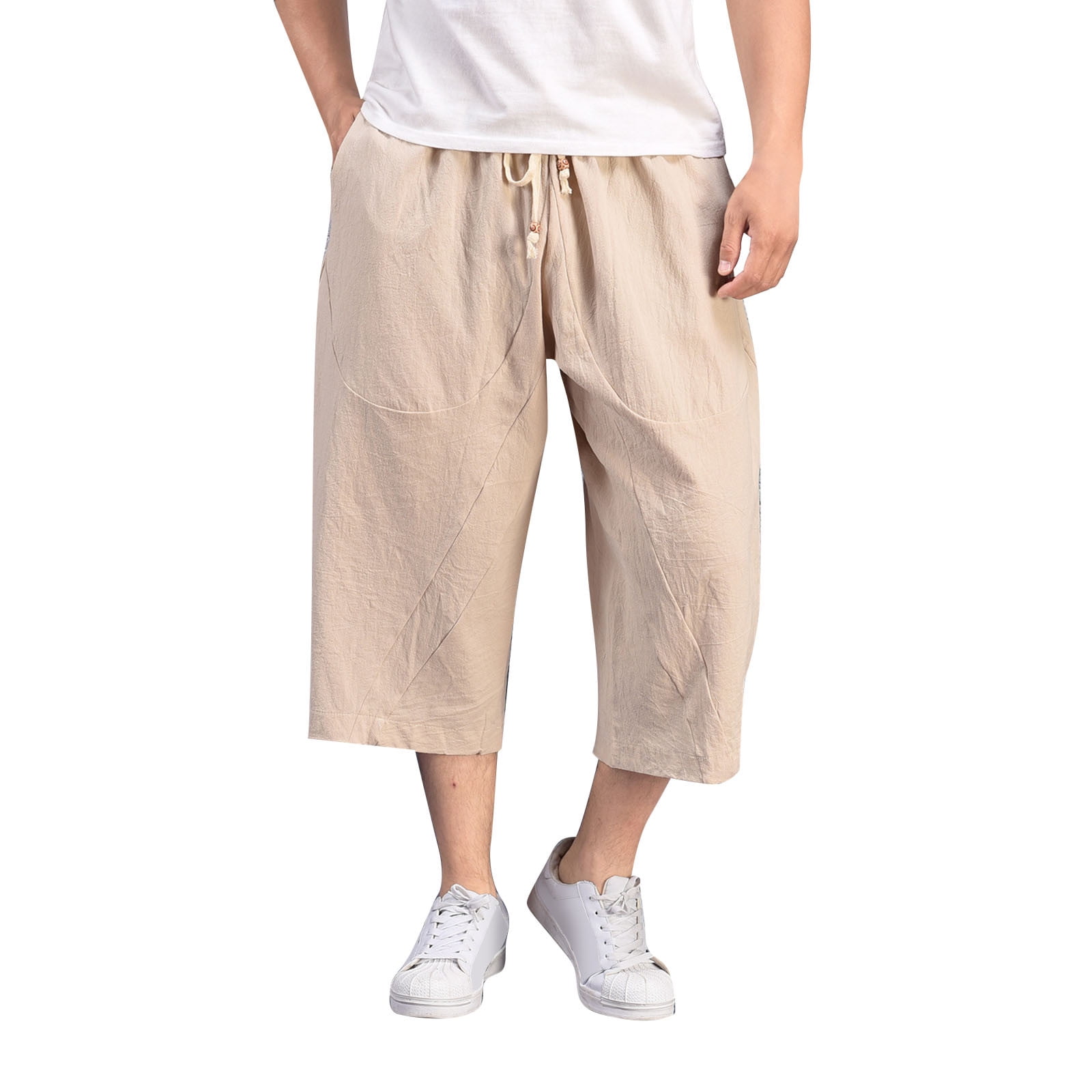 Mens Pants Men Baggy Wide Leg Pants Hanging Crotch Hop Bloomers Calf Length  Mid Rise Pockets Trousers White