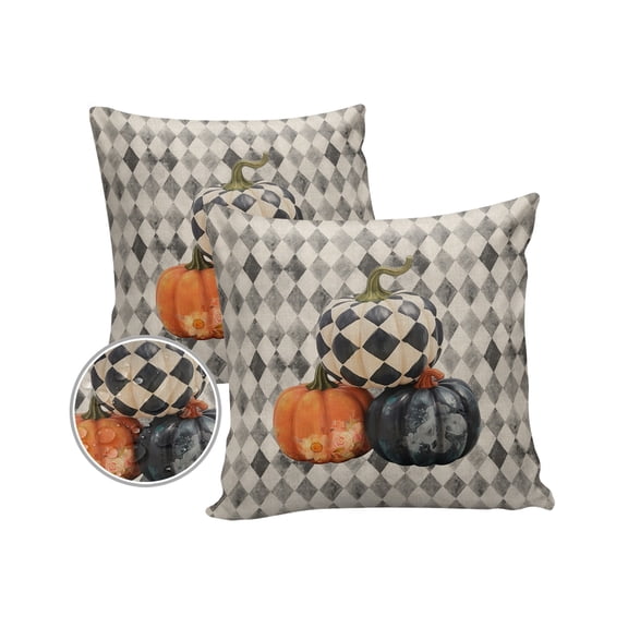 Pack of 2 Outdoor Pillow Covers, Fall Thanksgiving Pumpkin with Floral Black White Diamond Plaid Waterproof Square Throw Pillowcase Cushion Decorative Pillow Covers for Couch Patio Tent, 20x20 in