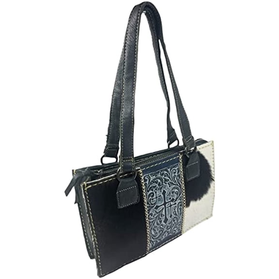 Western Handbag CowHair Tooled Crosses Leather Purse