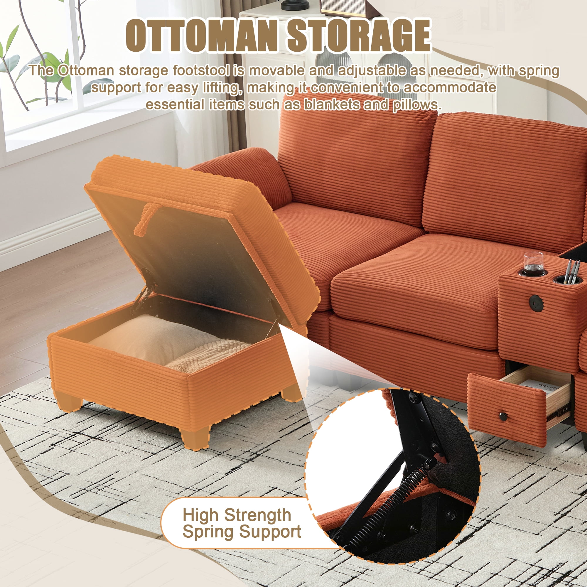 MOONMISS 105" L-Shaped Corduroy Modular Sectional Sofa with 1 Ottoman and Multi Functional Console, 3-Seater Upholstered Couch with USB and 2 Cup Holder, Easy Assembly, for Living Room,Orange