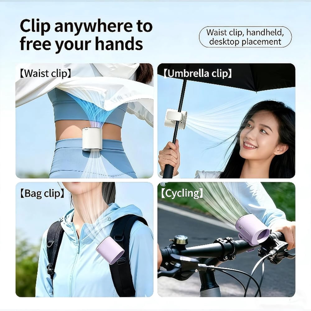 Car Clip on Air Conditioner Fan – USB rechargeable fan with powerful semiconductor cooling, lightweight and portable for cars, beaches, or umbrellas.