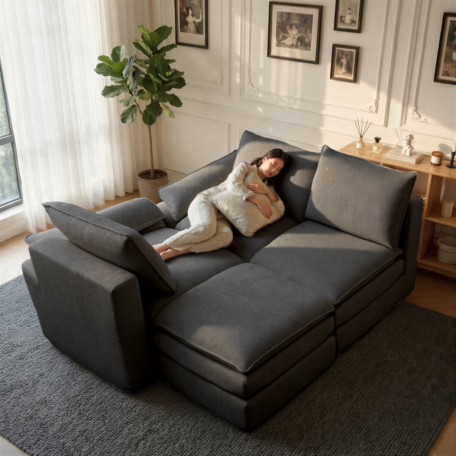 Kelyda 116'' Cloud Sectional Couches L Shaped, Modern Convertible Modular Cloud Chenille Sofa for Living Room Grey