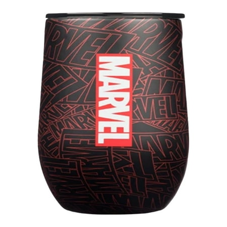 Corkcicle Marvel 12 Ounce Steel Stemless Cup with Lid, Marvel Logo