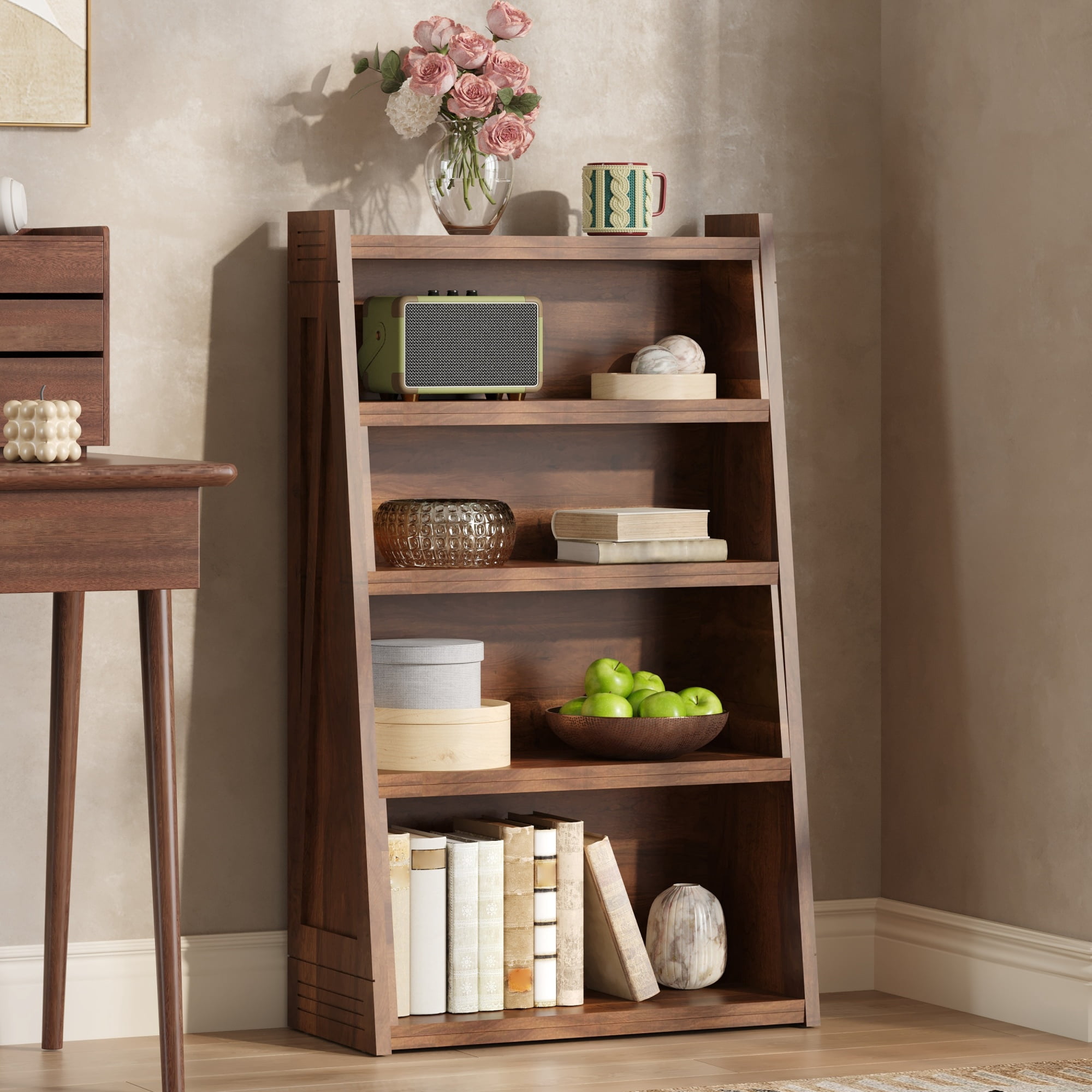 HOQBN 47" Wooden Expandable Bookshelf Storage Rack, 4-Tier L-Shaped 2-Piece Adjustable Bookcase, Corner Shelving Unit for Small Spaces Natural