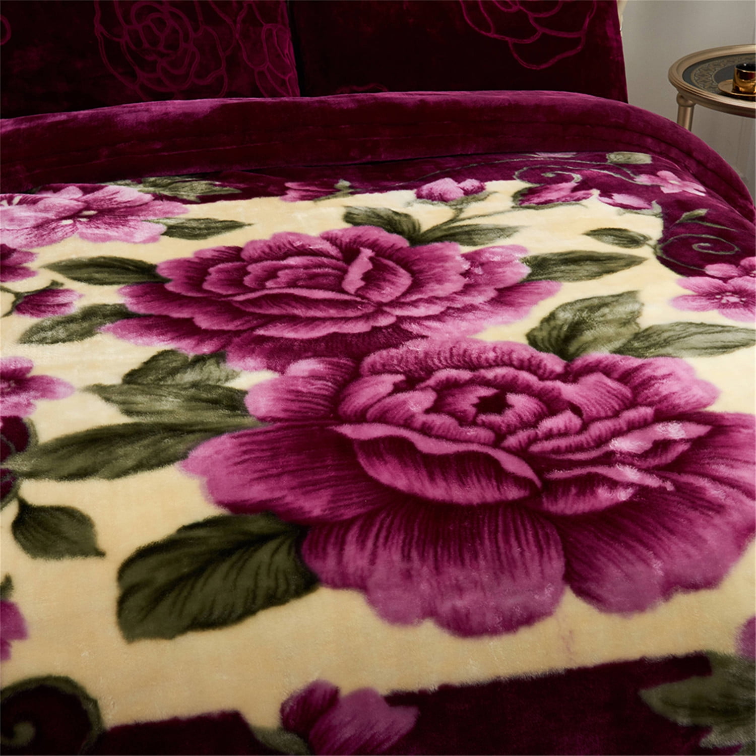 10lbs Heavy Thick A&B Pattern Blanket 2Ply Reversible - Thick Warm Plush Korean Style Bed Blanket, King Size Fleece Plush Blanket, Soft Winter Blanket For Adult 87" x 95", Purple Flower
