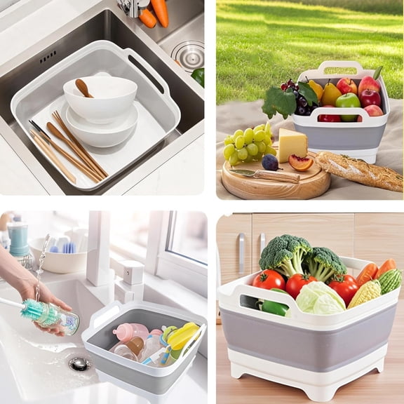 Collapsible Wash Basin with Drain Plug, Foldable BPA-Free Dish Tub, Portable Space-Saving Sink for Kitchen Bathroom Use