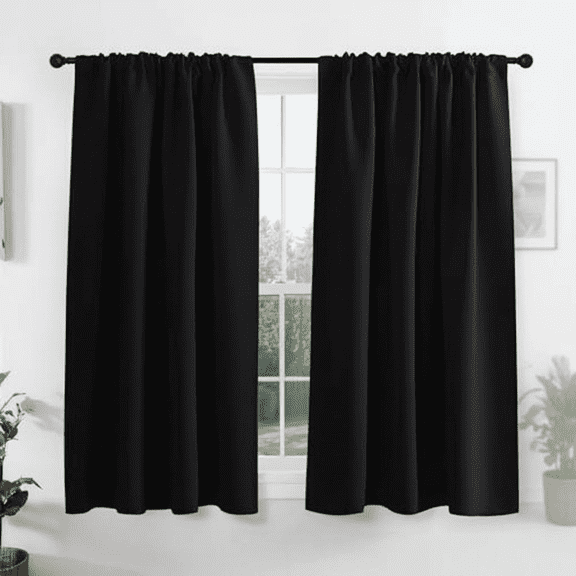 Thermal Insulated Blackout Window Curtains for Kitchen and Bathroom, Short Sink Curtains with Rod Pocket, Black Home Decor Drapes for Small Windows (2 Panels, 42x45 Inches)