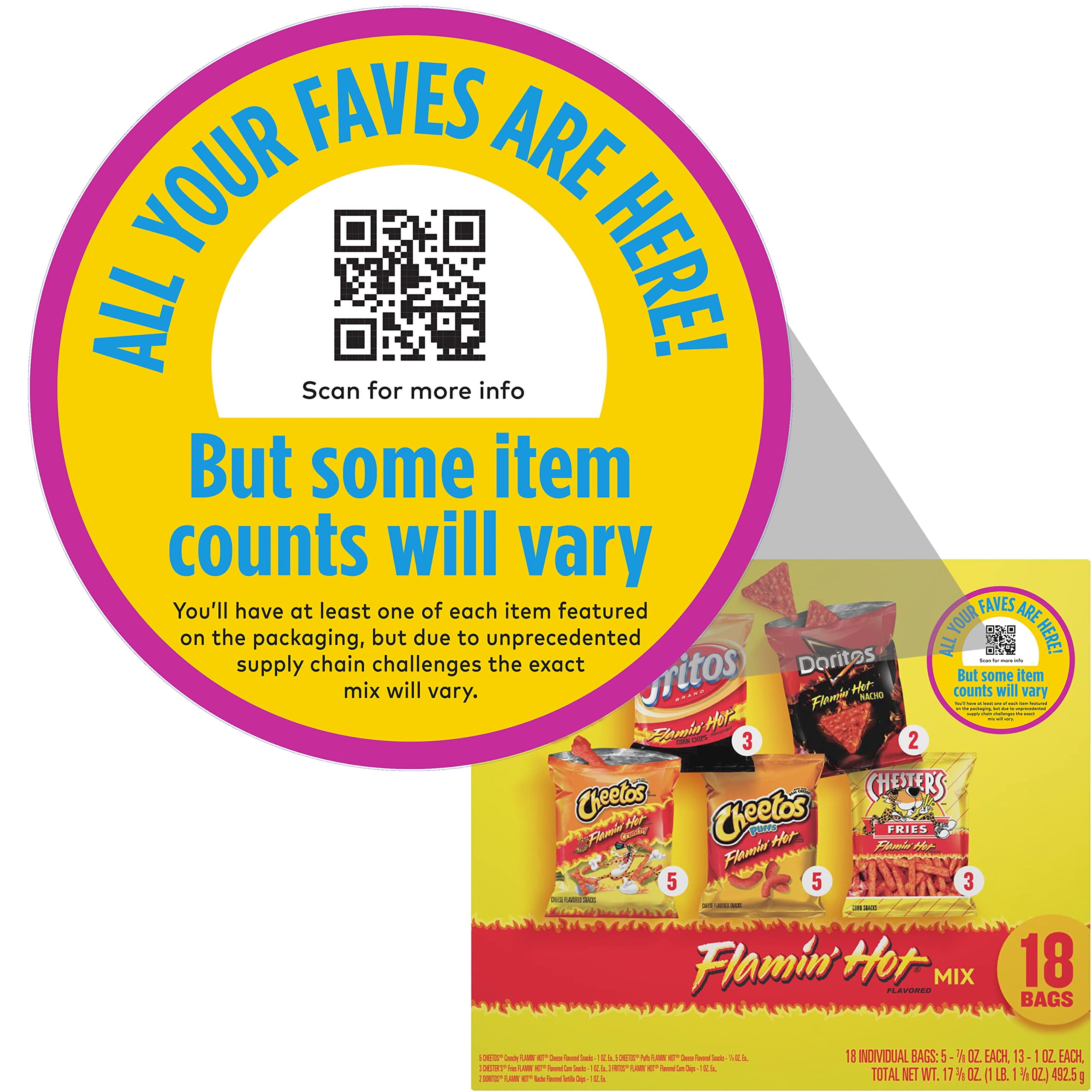 2X - Frito-Lay, Variet Pack Snack Chips, Flamin, Hot Mix, 18 Count