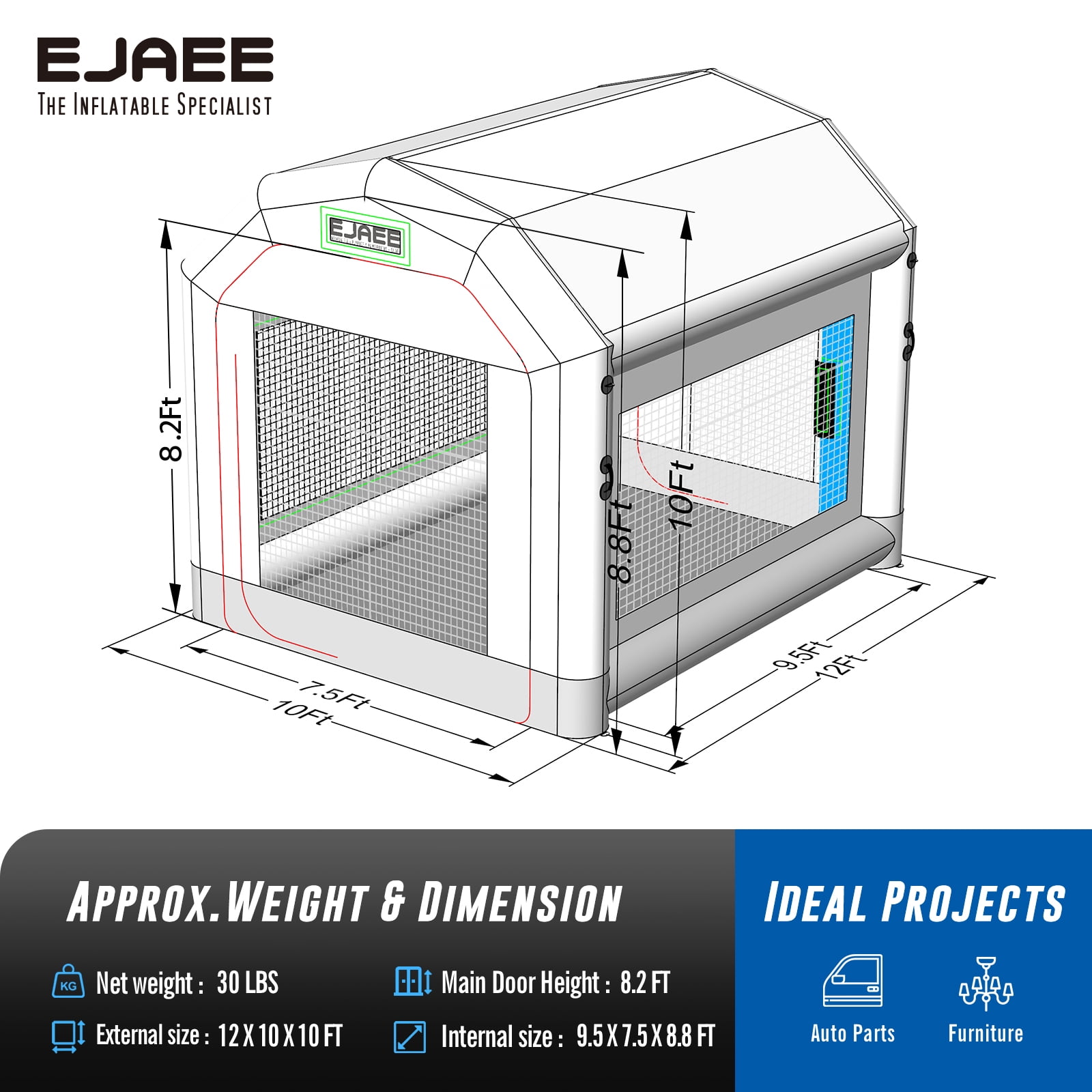 EJAEE Silver Series 12x10x10 All Purpose Inflatable Paint Booth w/ Blowers& Filters