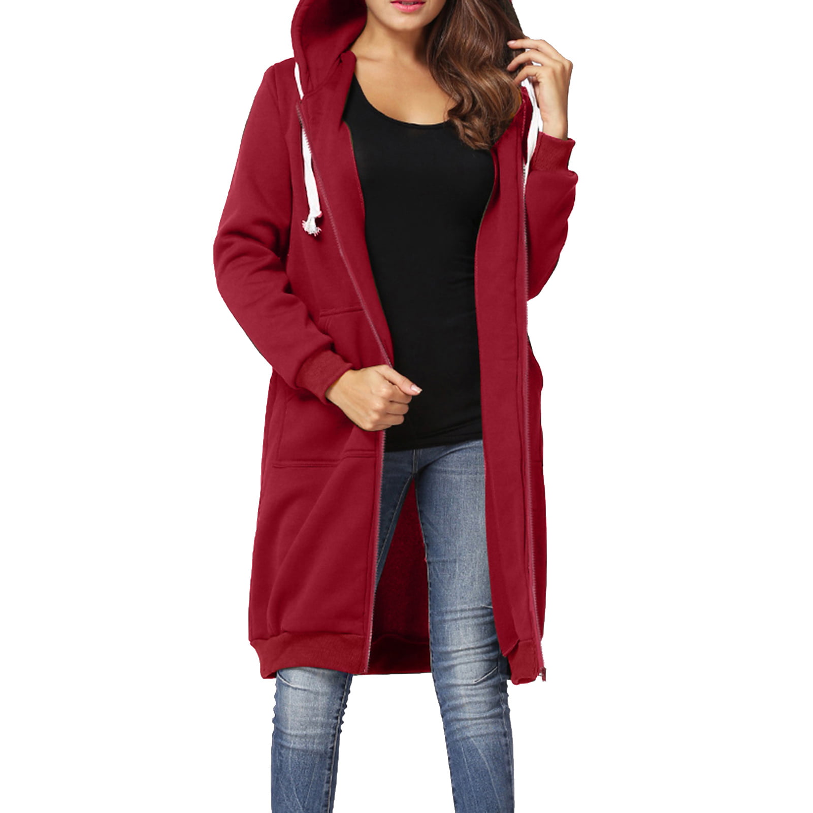 Cardigo Casual Womens Thermal Long Hoodie Zip Up Jacket Hooded Warm Jackets 