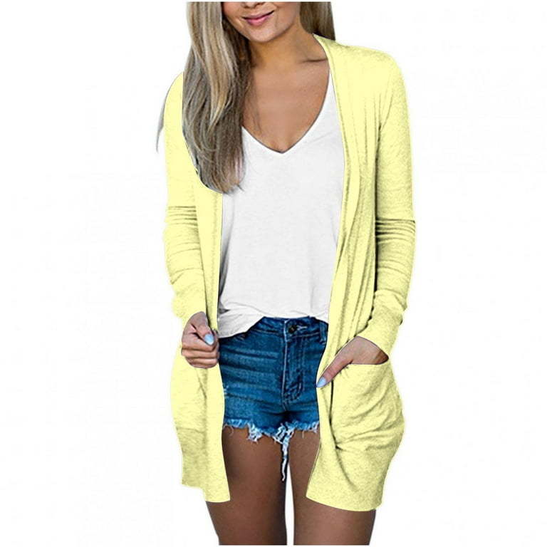 VEKDONE 2023 Walmart Week Clearance Women s Cardigan Sweater Colorblock Long Sleeve Open Front Cable Cardigans with Pockets Yellow L
