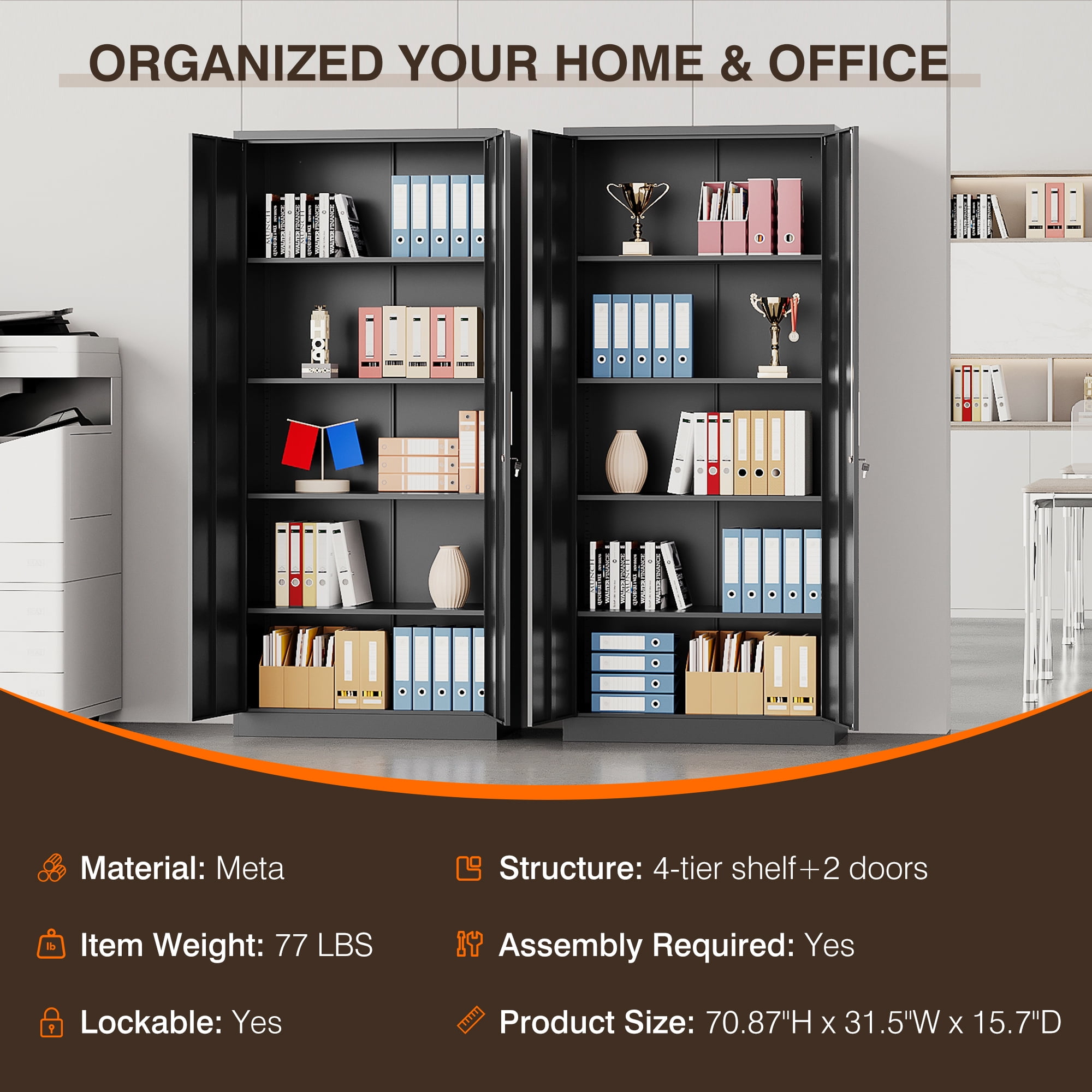 Fesbos Metal Cabinet-71"Tall File Cabinet with 4 Adjustable Shelves, Locking Black Steel Storage Cabinets for Home,Kitchen, School, Office