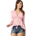 thumbnail image 3 of Top de gasa transparente Allegra K con mangas largas y cuello en V profundo Rosa M, 3 of 6