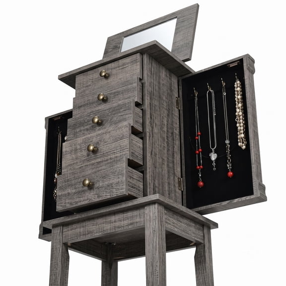 Furnibear Freestanding Jewelry Cabinet Storage Organizer with 5 Drawers and Wooden Legs for Bedroom Necklace Storage, Gray