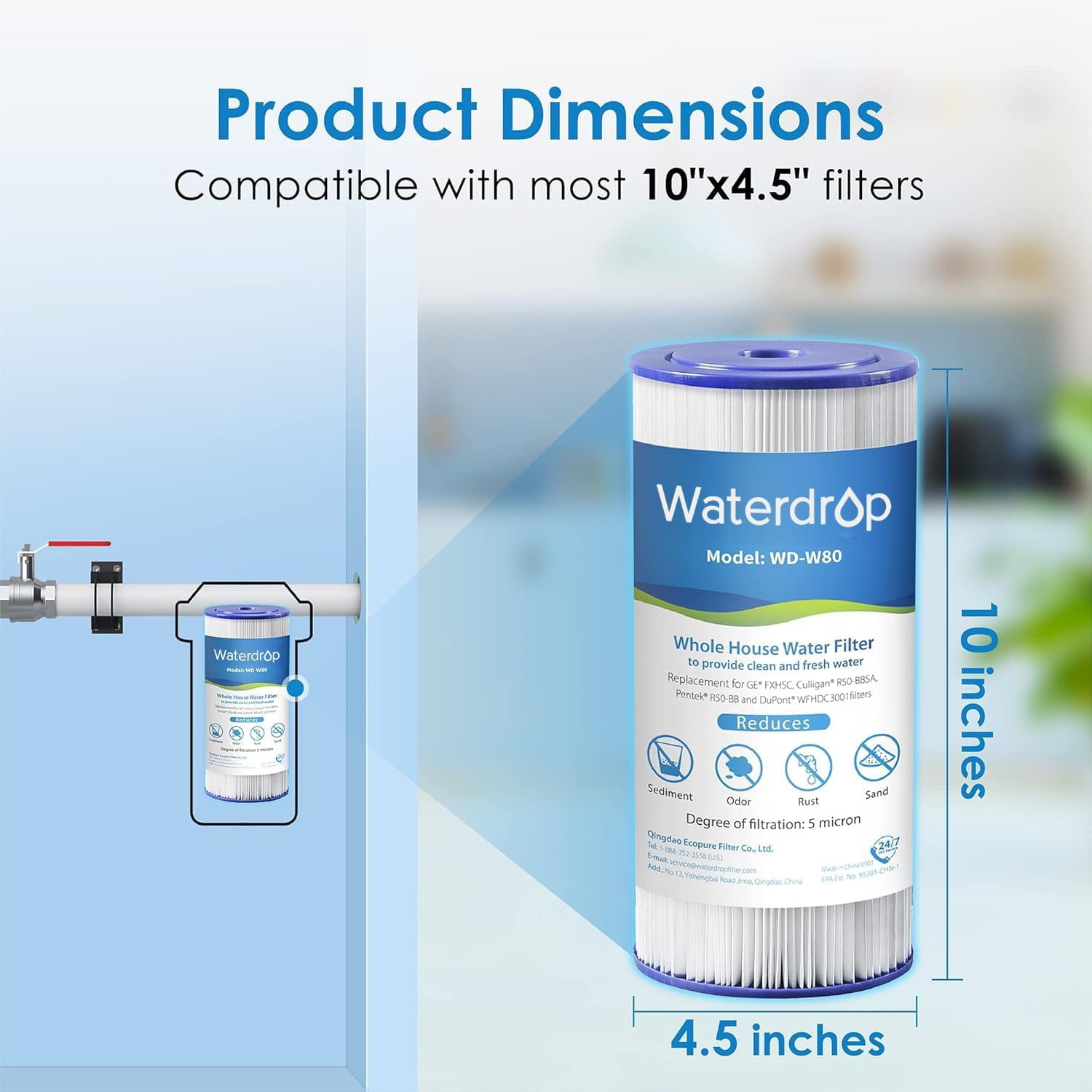Waterdrop FXHSC Whole House Water Filter, Replacement for GE® FXHSC, GXWH40L, GXWH35F, American Plumber W50PEHD, W10-PR, Culligan® R50-BBSA, 5 Micron, 10" x 4.5", High Flow Sediment Filters, (2)